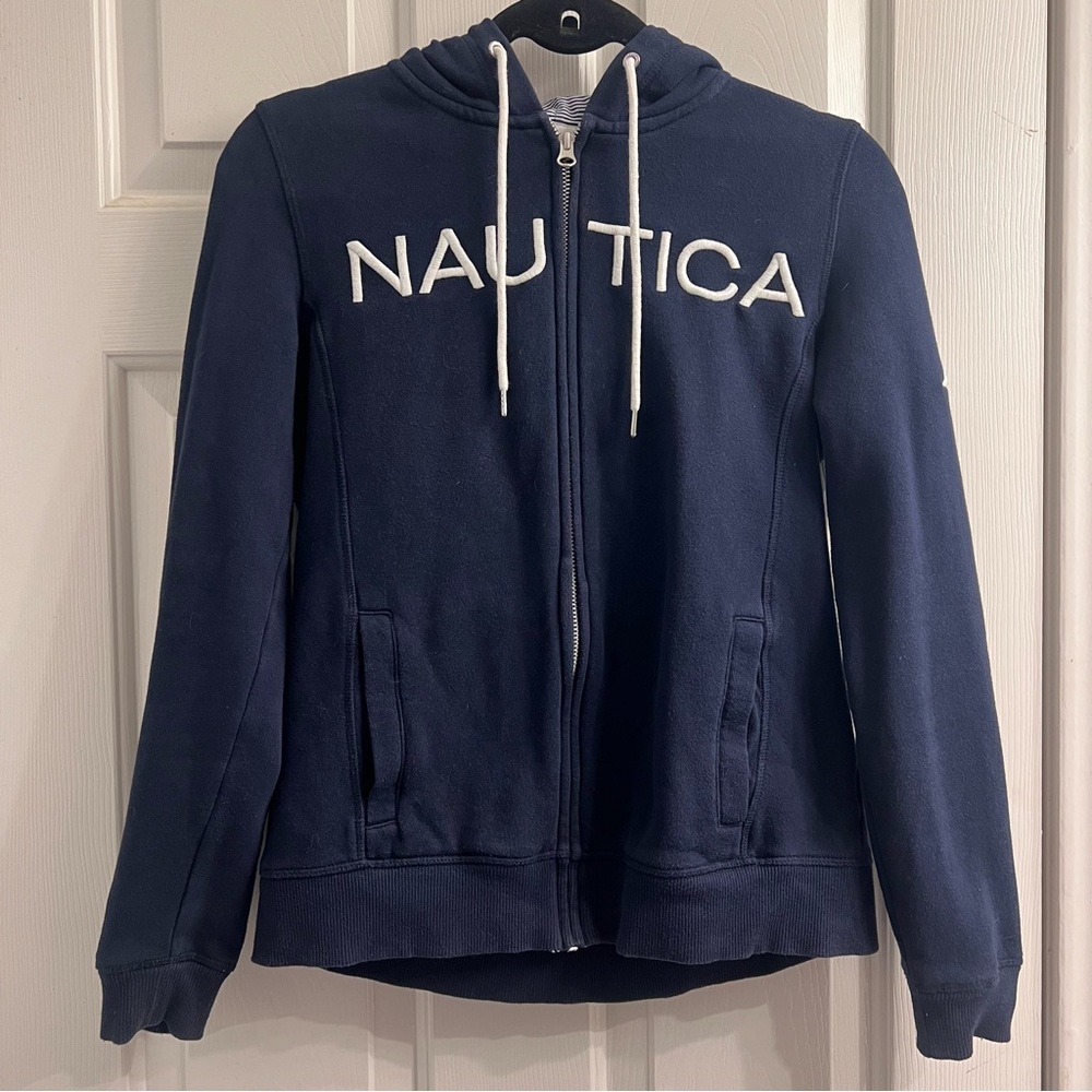 NAUTICA Zip-Up Hoodie | Navy Blue Logo Sweatshirt | Size S